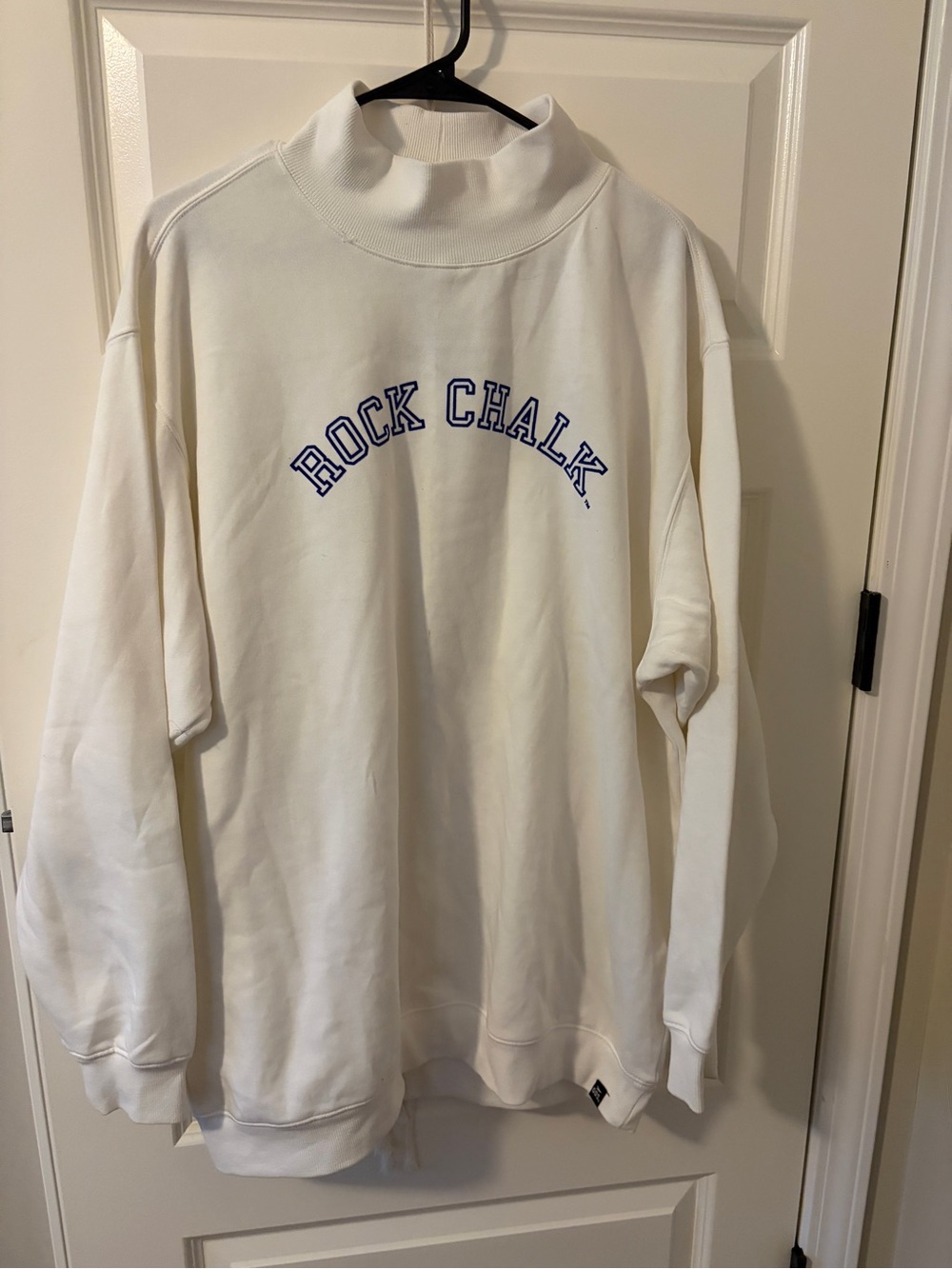 White Turtleneck Sweatshirt with Blue 'Rock Chalk' Print